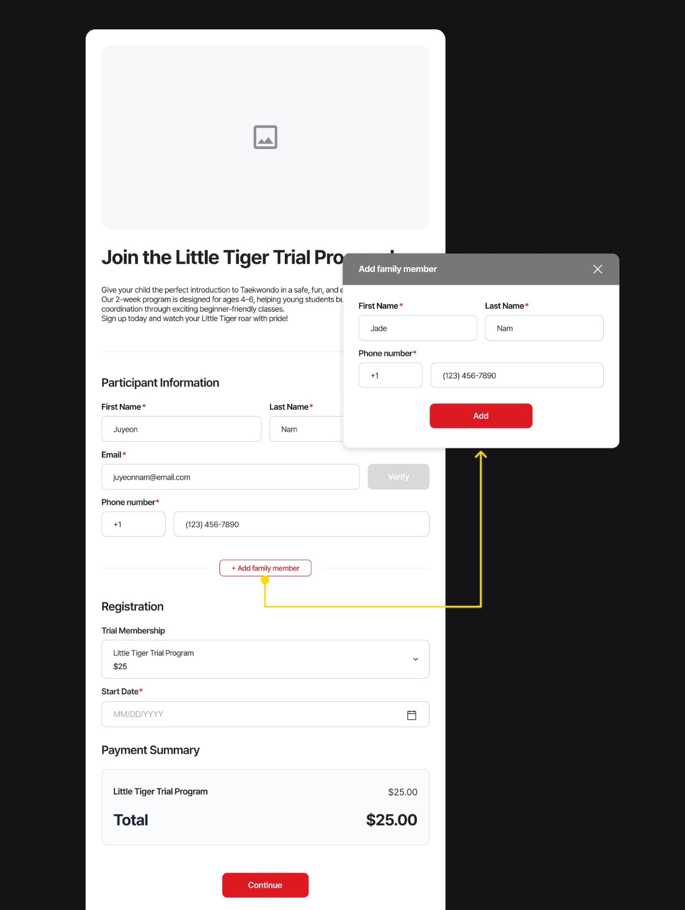 Registration form with Add family member dialog