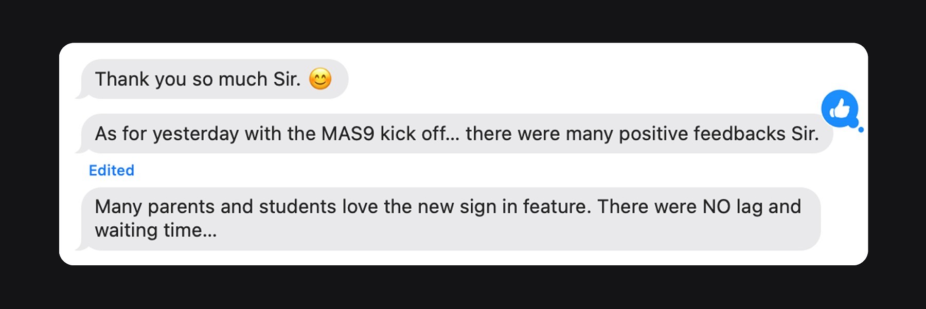 Message from a school operator sharing positive feedback after the MAS9 kick-off