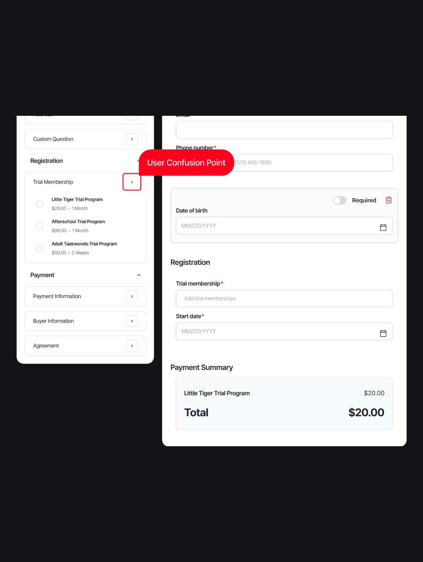 Form builder with the click-to-add arrow marked as a user confusion point