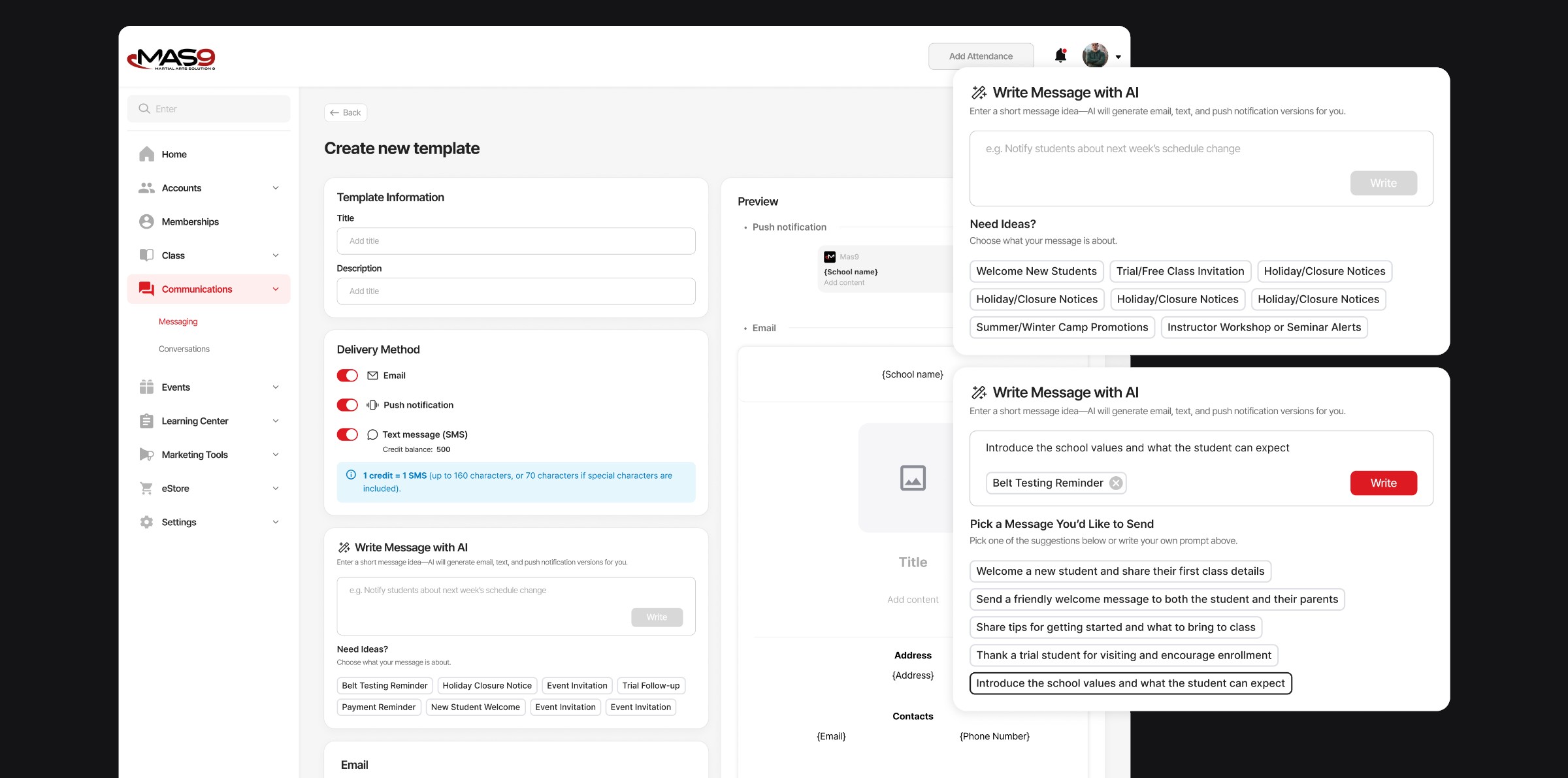 MAS9 messaging template editor with the Write Message with AI panel