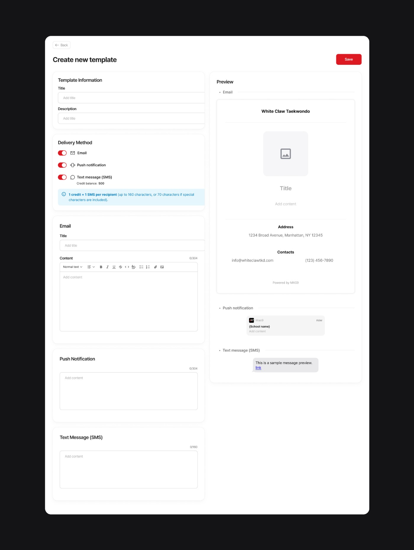 Create new template screen with email, push, and SMS in one editor