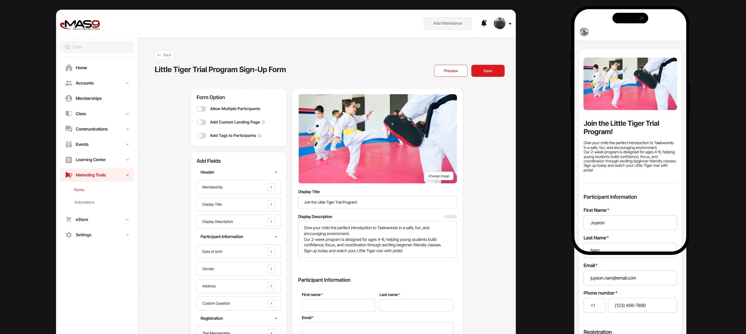 Admin view form builder and user view registration form