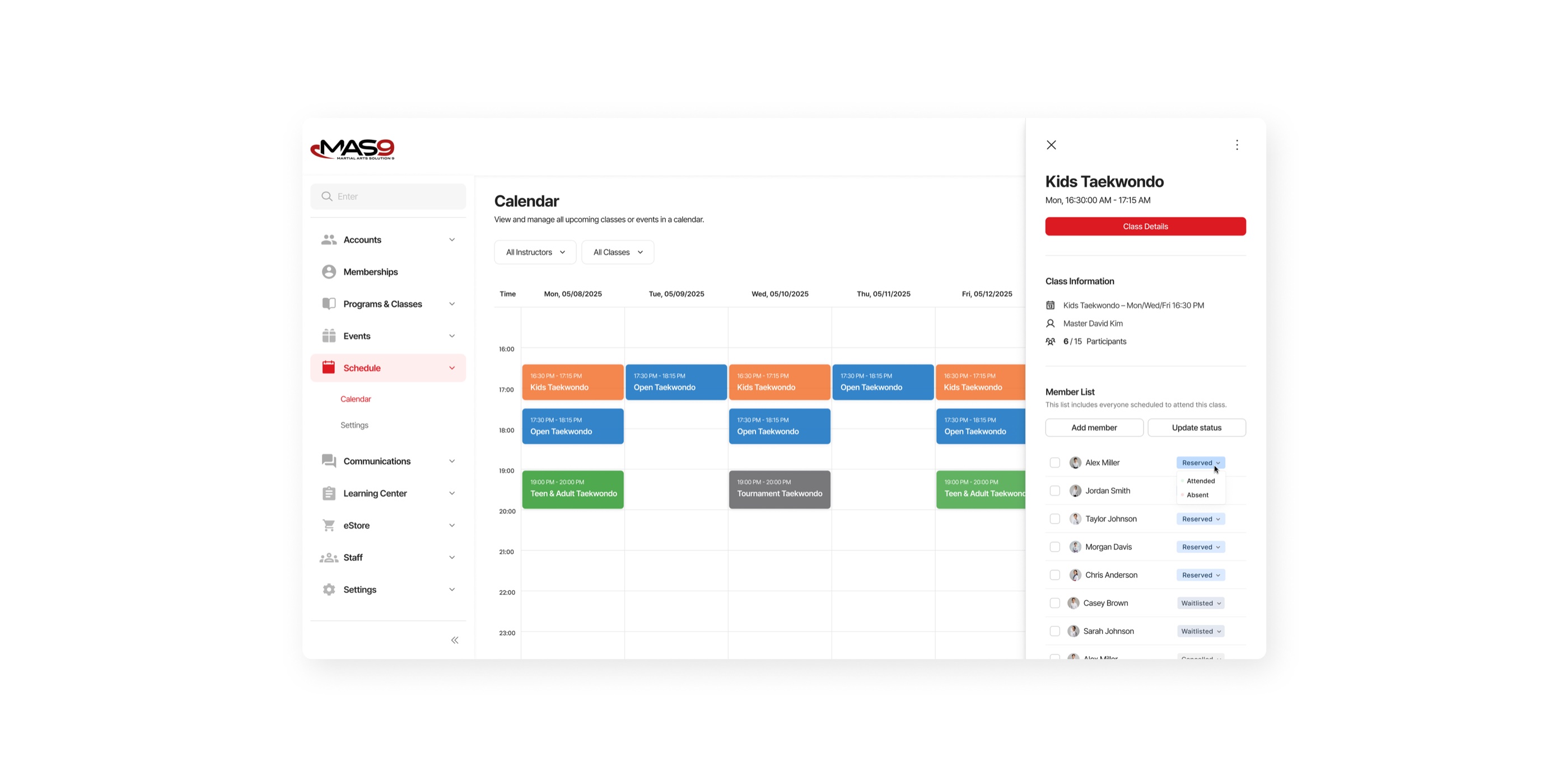 MAS9 class calendar and class detail panel
