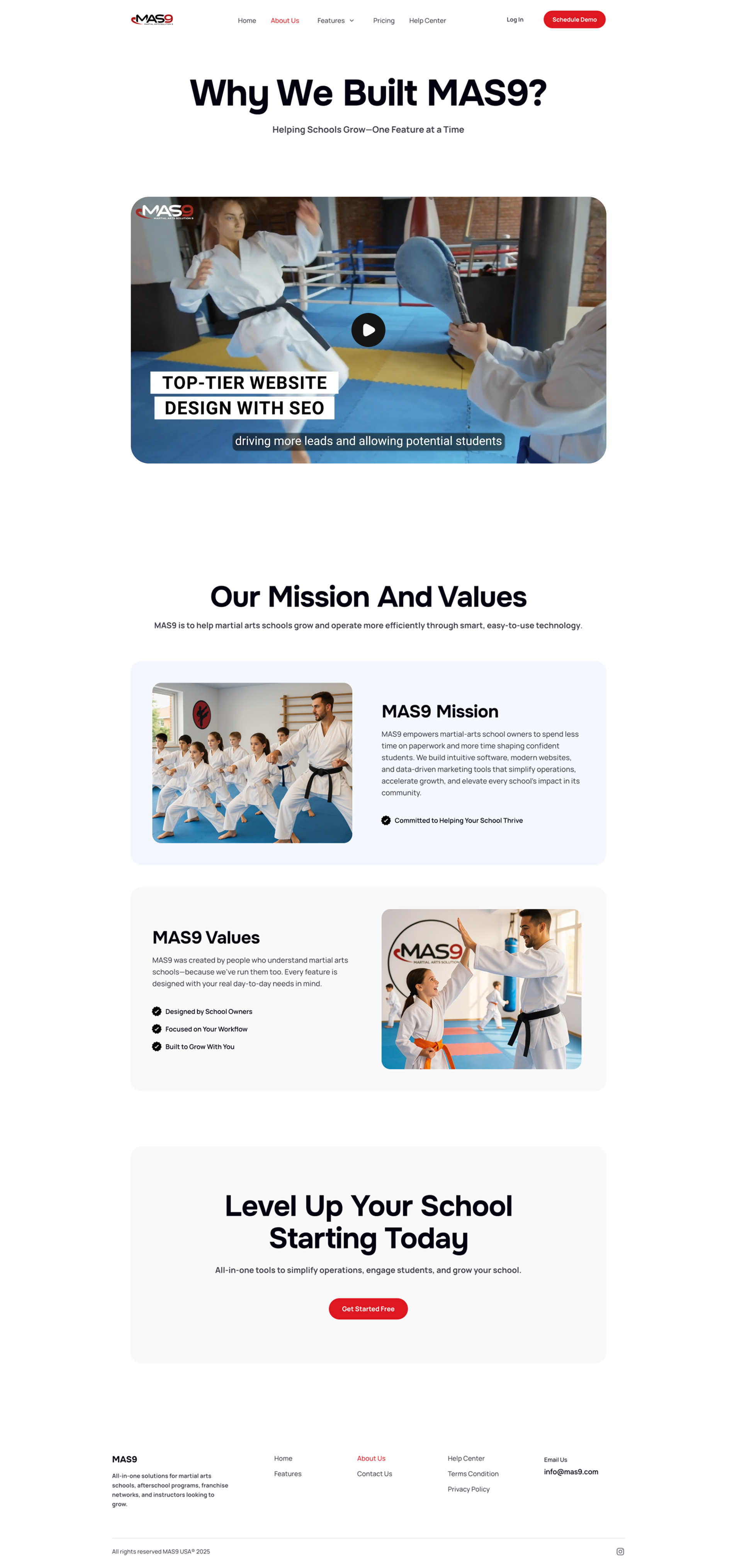 MAS9 website about us page, full length