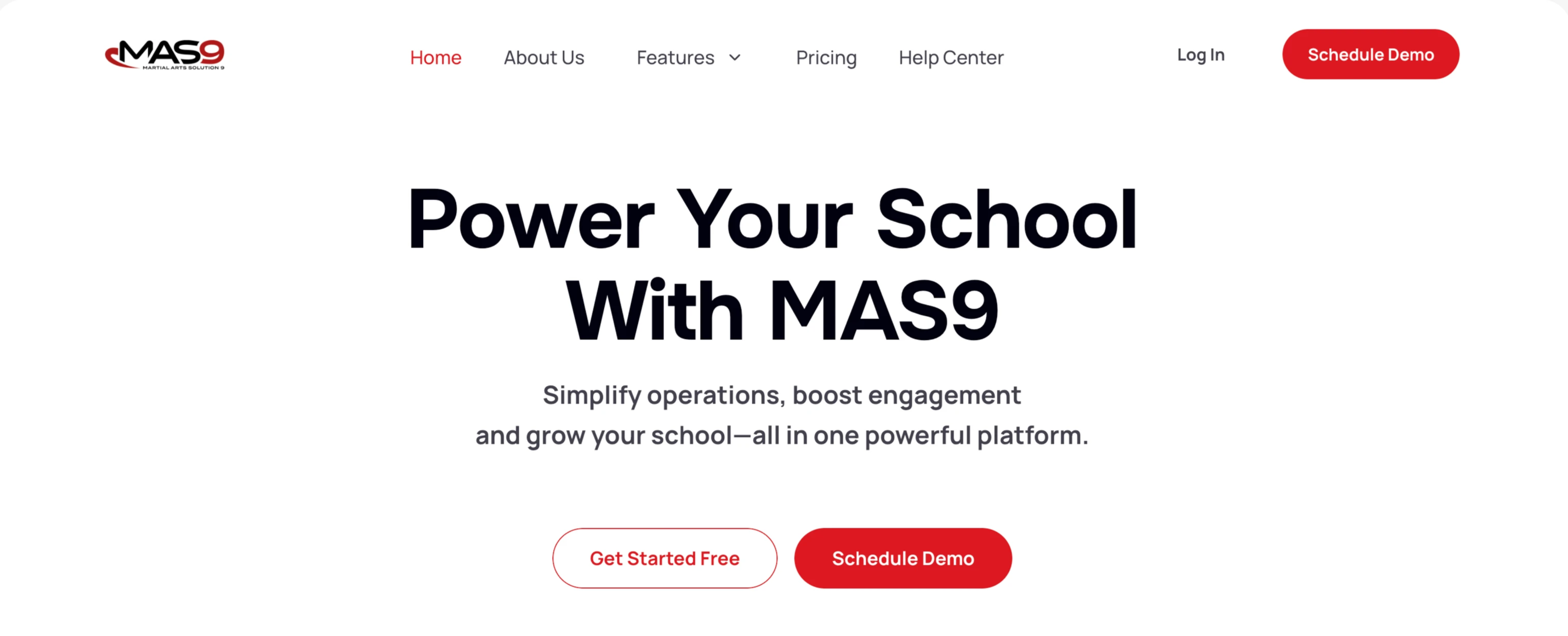 MAS9 homepage hero with Schedule Demo as the primary CTA and Get Started Free as secondary