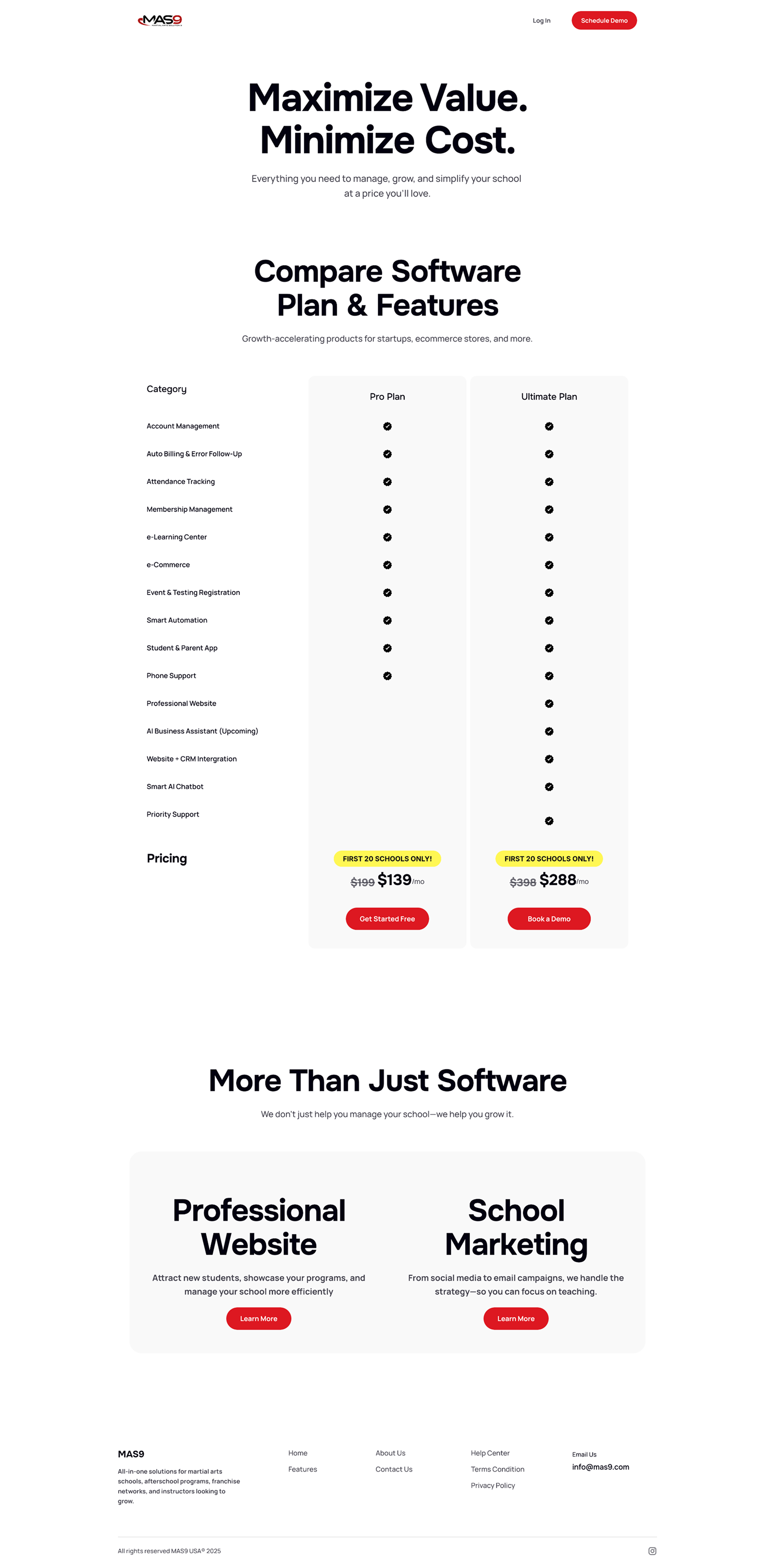 MAS9 website pricing page, full length