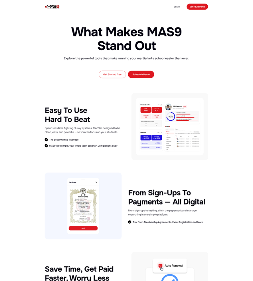 MAS9 website features page, full length