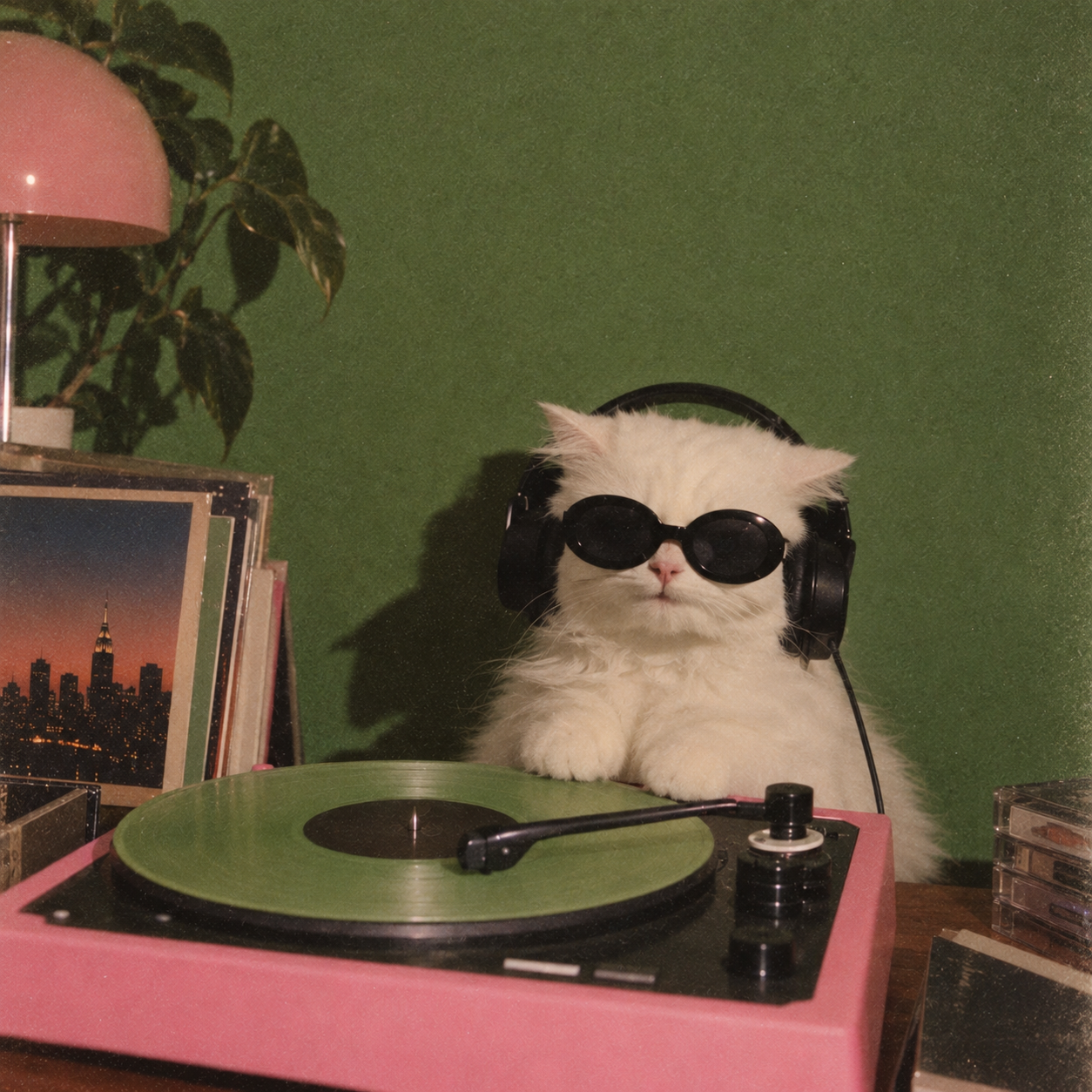 White cat in sunglasses and headphones at a turntable